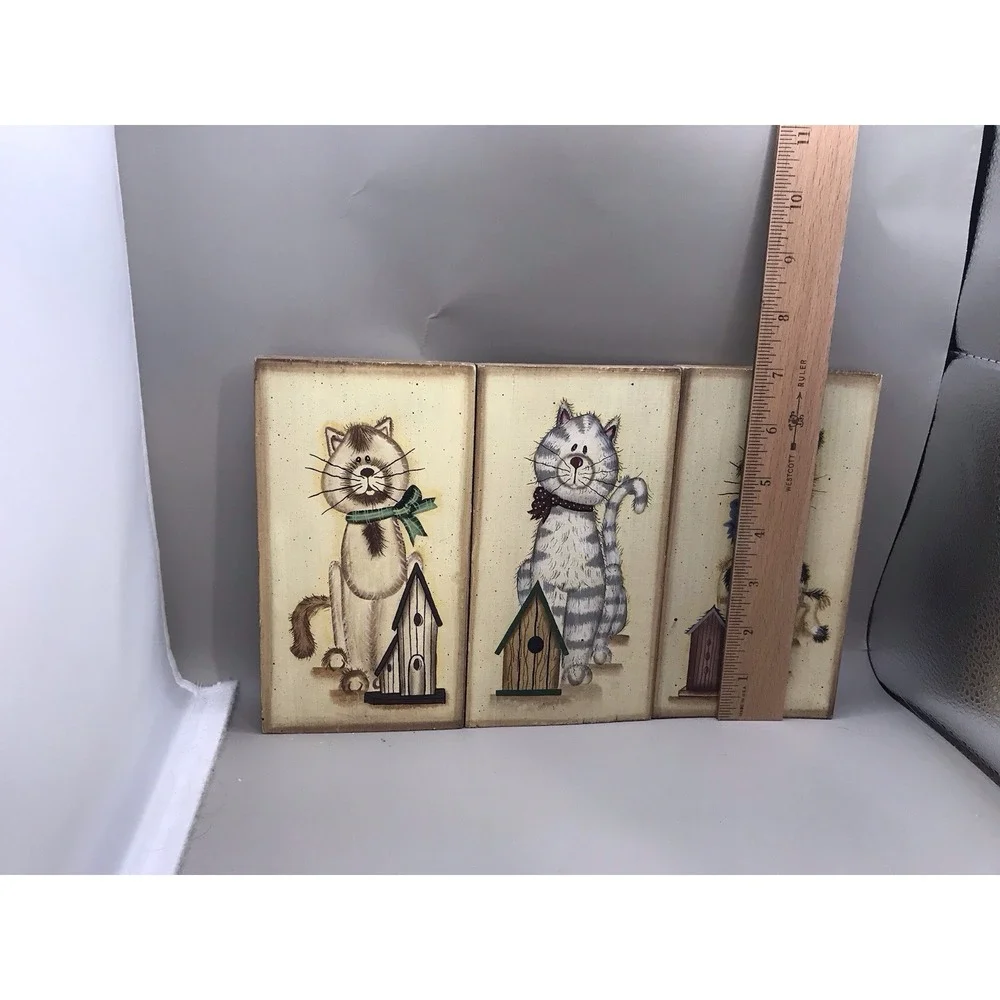 Mary Ann June 3 Hinged Wooden Plaques Of Kittys And Their Birdhouses 11.5